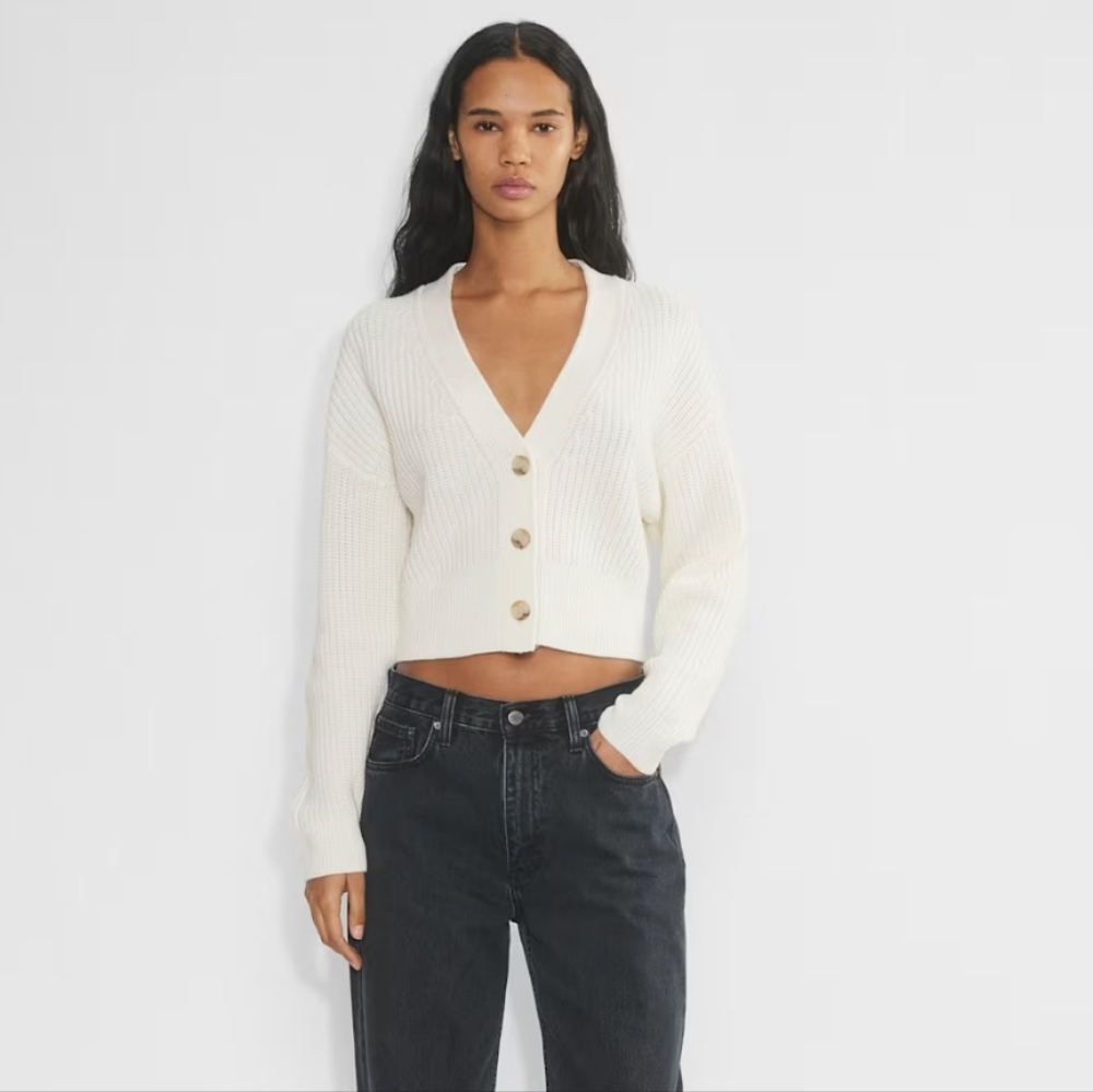 Babaton Cream Ribbed V-Neck Button Cardigan